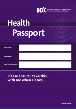 The purple cover of the Health Passport booklet